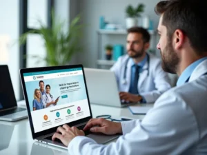 Doctor in a white coat using a laptop in a medical office with healthcare graphics displayed on the screen, no text present.